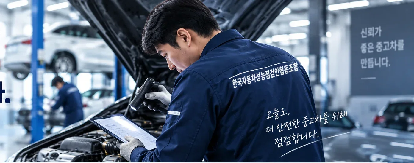 정비 리프트가 있는 점검장에서 전문가가 태블릿으로 점검 결과를 기록하는 모습