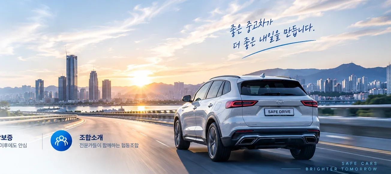 석양 무렵 도심 고속도로를 달리는 흰색 SUV